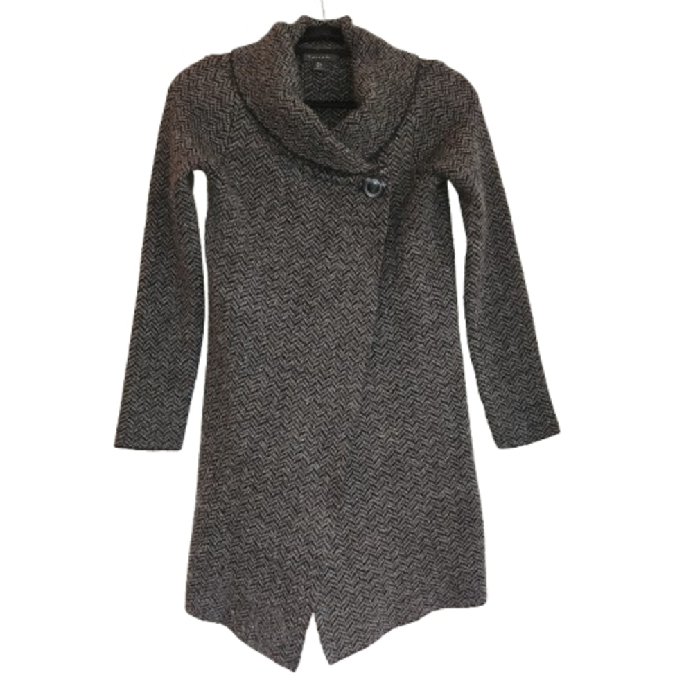 Tahari Wool Blend Open Front Longline Cardigan Size S Black & Gray Cross Front